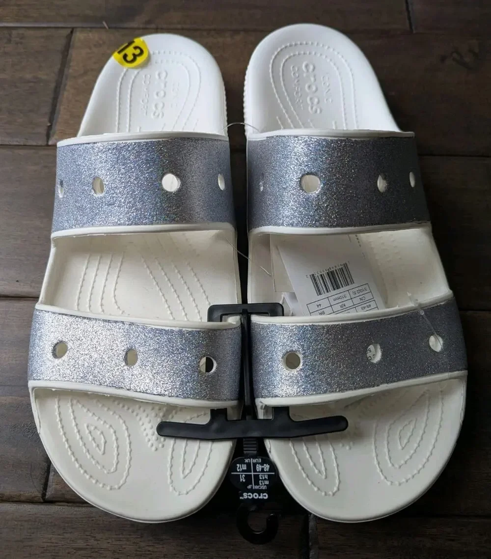 NEW Crocs Men’s Classic Glitter II Slide Sandals White Silver Size M 13